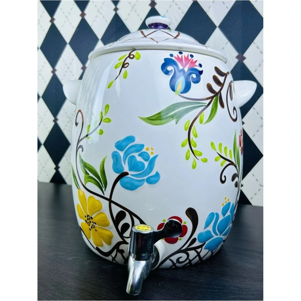 Oversized Floral Drink Dispenser 2 Gallon Ceramic Jardine‎ Drink Server & Lid